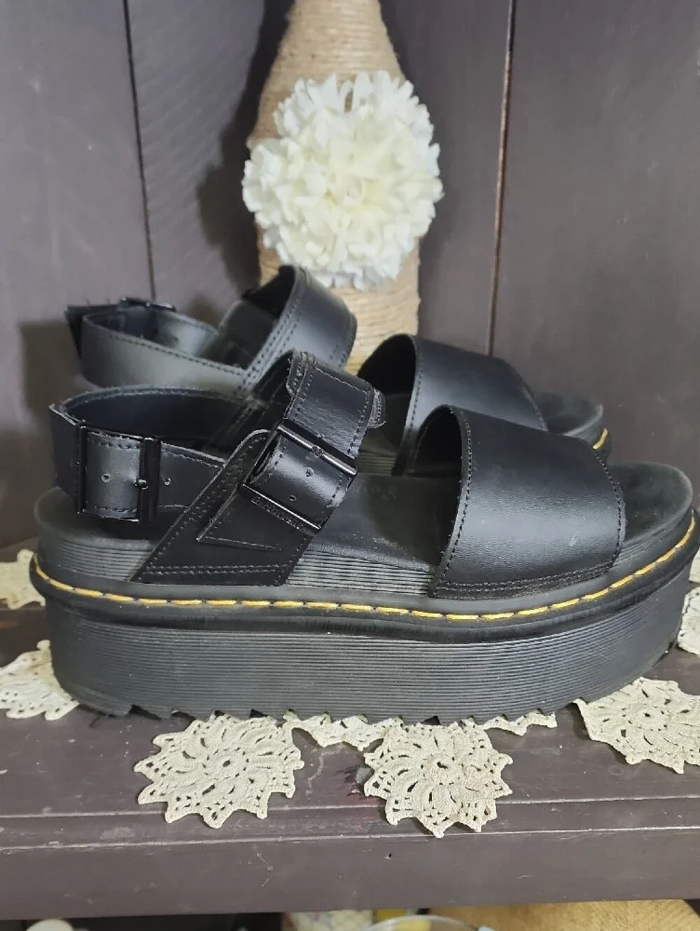 Dr. Martens Black Platform Sandals with Yellow Stitching